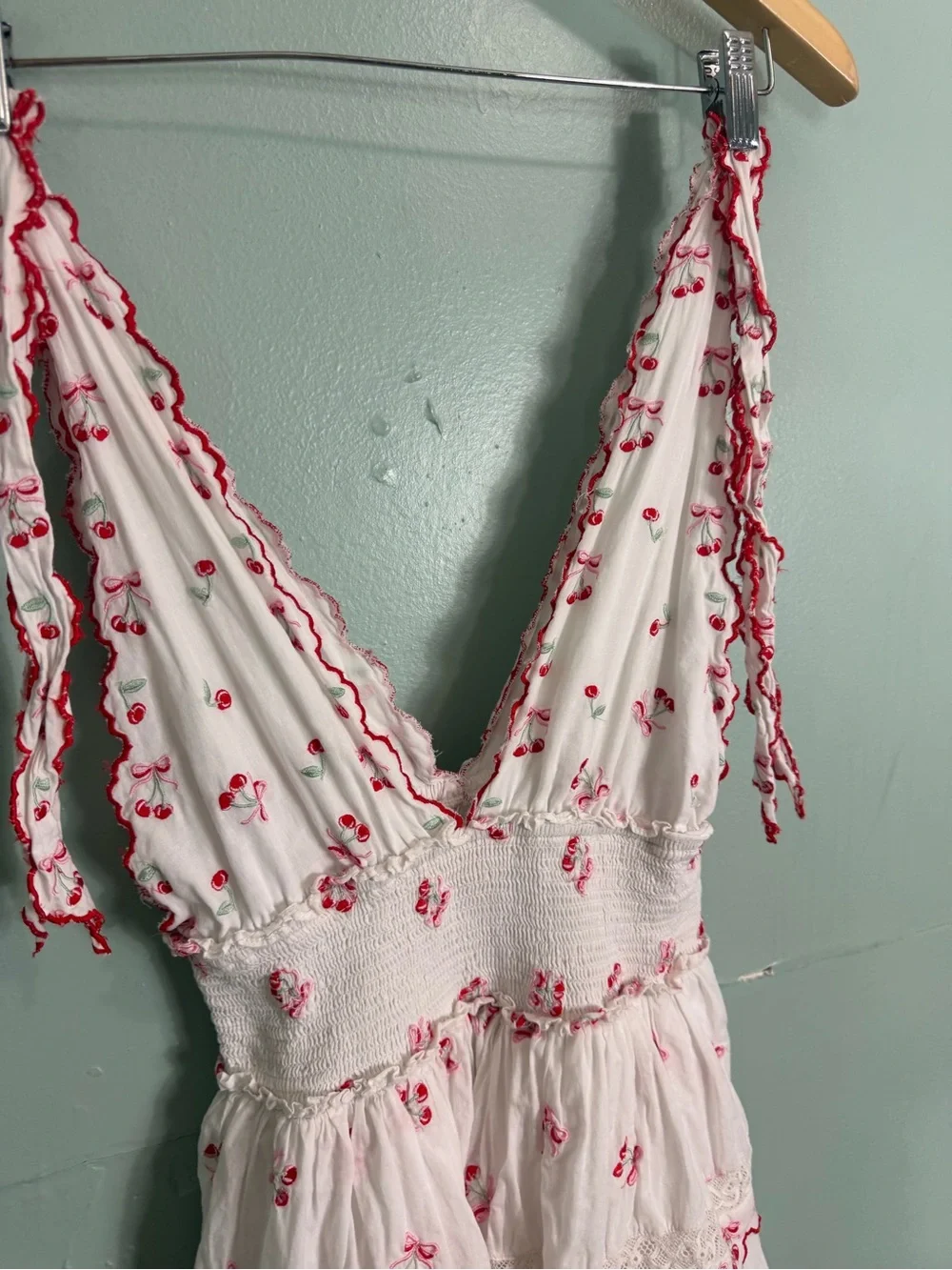 LoveShackFancy Soira Mini Dress Cherry Print XS Ruffle White Red
